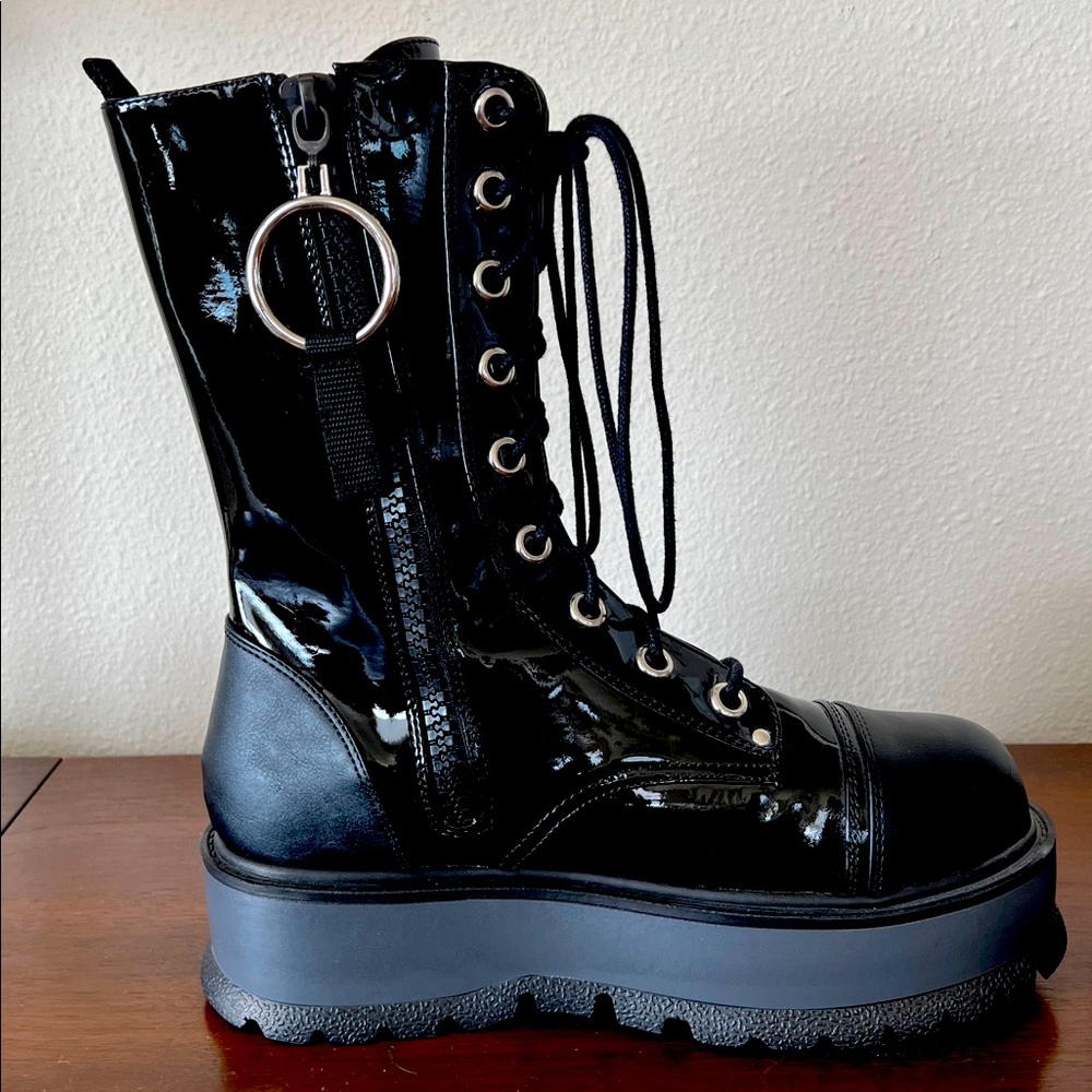 Demonia Slacker-220-1 Black Vegan Patent Platform Boots (New - NO box) - Picture 7 of 10
